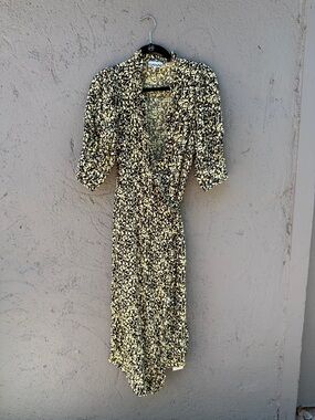Ganni Black and Yellow Floral Midi Wrap Dress size 42